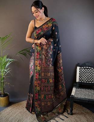 Black woven design zari pashmina saree with blouse piece 1