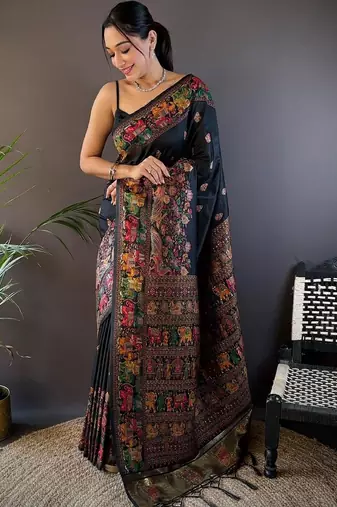 Black woven design zari pashmina saree with blouse piece
