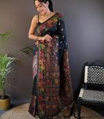 Black woven design zari pashmina saree with blouse piece