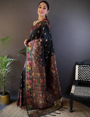 Black woven design zari pashmina saree with blouse piece 2