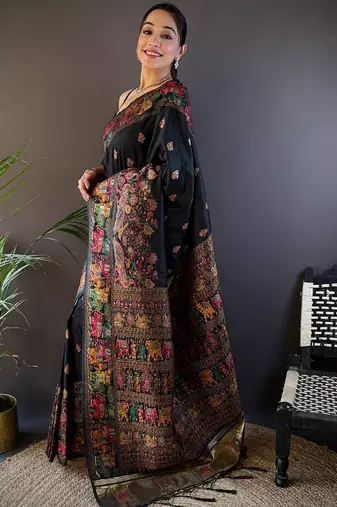 Black woven design zari pashmina saree with blouse piece