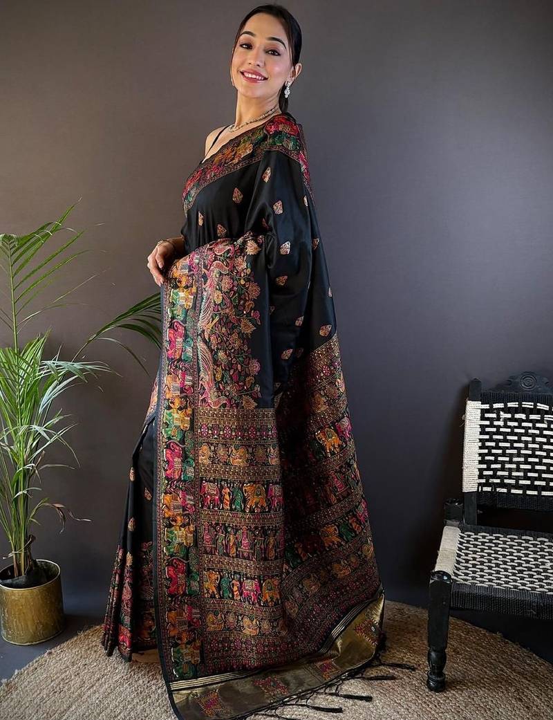 Black woven design zari pashmina saree with blouse piece