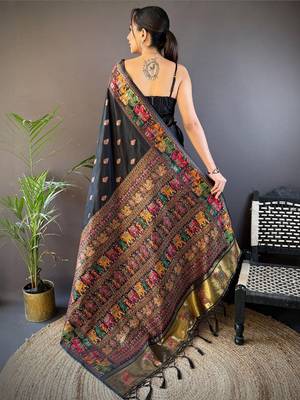 Black woven design zari pashmina saree with blouse piece 3