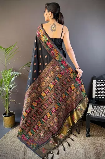 Black woven design zari pashmina saree with blouse piece