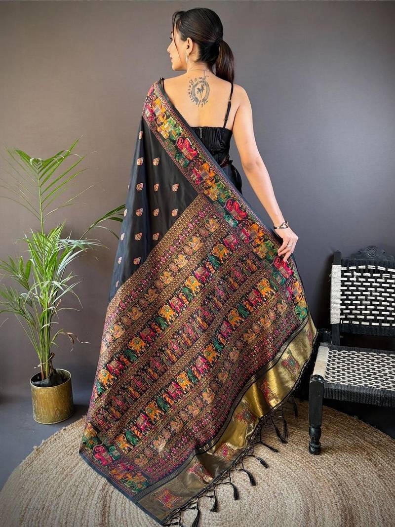 Black woven design zari pashmina saree with blouse piece