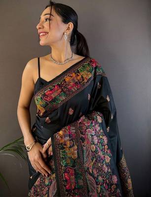 Black woven design zari pashmina saree with blouse piece 4