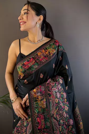 Black woven design zari pashmina saree with blouse piece