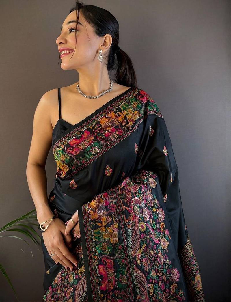 Black woven design zari pashmina saree with blouse piece