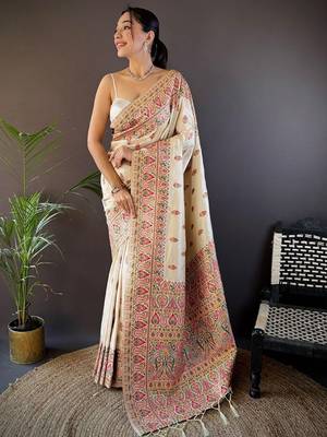 White ethnic motifs woven design zari pashmina saree with unstitched blouse piece 1