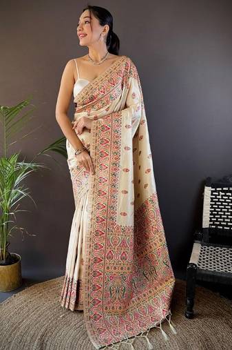 White ethnic motifs woven design zari pashmina saree with unstitched blouse piece