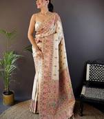 White ethnic motifs woven design zari pashmina saree with unstitched blouse piece
