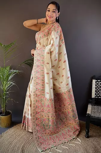 White ethnic motifs woven design zari pashmina saree with unstitched blouse piece