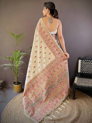 White ethnic motifs woven design zari pashmina saree with unstitched blouse piece 3