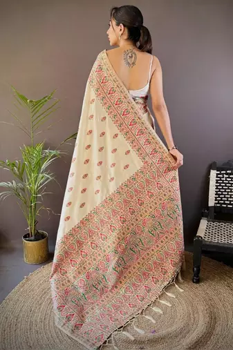 White ethnic motifs woven design zari pashmina saree with unstitched blouse piece