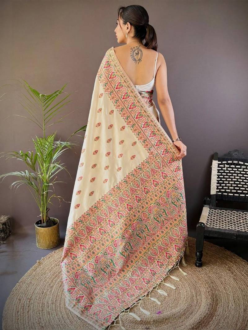 White ethnic motifs woven design zari pashmina saree with unstitched blouse piece