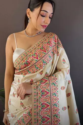 White ethnic motifs woven design zari pashmina saree with unstitched blouse piece