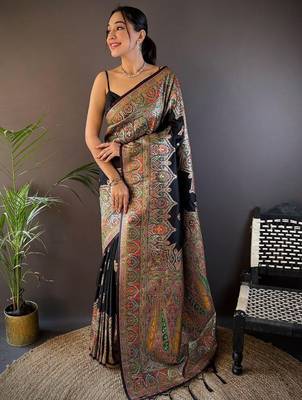 Black woven design zari pashmina saree with unstitched blouse piece 1
