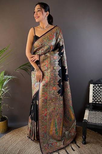 Black woven design zari pashmina saree with unstitched blouse piece
