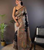 Black woven design zari pashmina saree with unstitched blouse piece