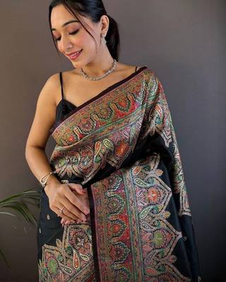 Black woven design zari pashmina saree with unstitched blouse piece 2