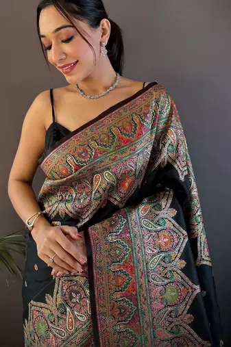 Black woven design zari pashmina saree with unstitched blouse piece