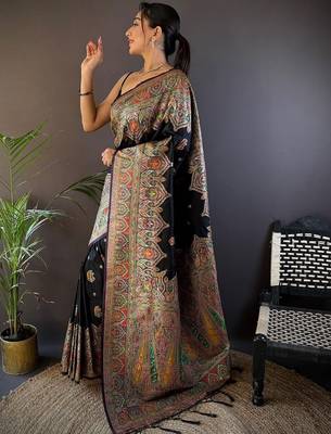 Black woven design zari pashmina saree with unstitched blouse piece 3