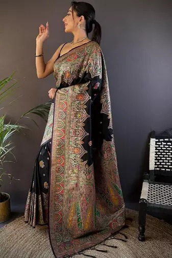Black woven design zari pashmina saree with unstitched blouse piece