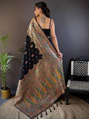 Black woven design zari pashmina saree with unstitched blouse piece 4
