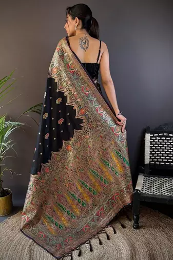 Black woven design zari pashmina saree with unstitched blouse piece
