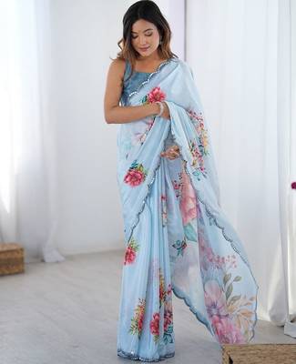 Blue women floral printed mirror work saree 1