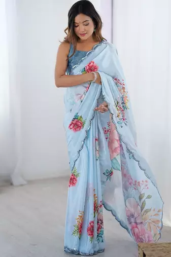Blue women floral printed mirror work saree