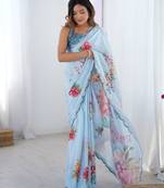 Blue women floral printed mirror work saree