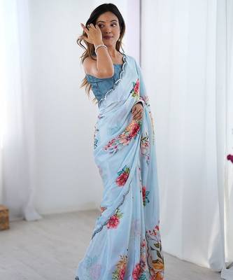 Blue women floral printed mirror work saree 2