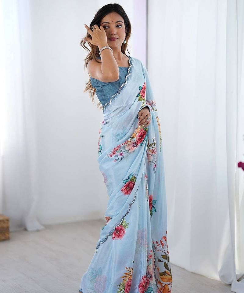Blue women floral printed mirror work saree