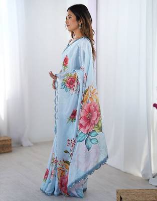 Blue women floral printed mirror work saree 3