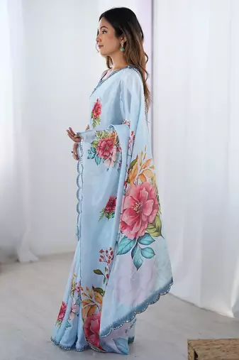 Blue women floral printed mirror work saree
