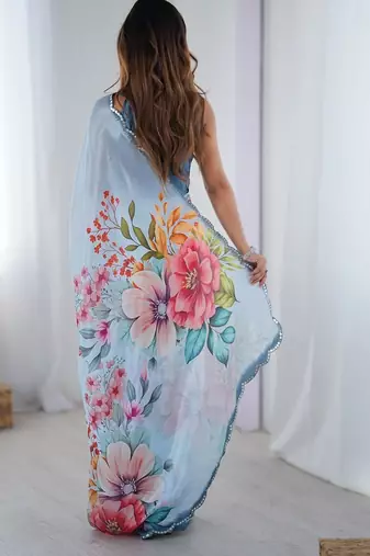 Blue women floral printed mirror work saree