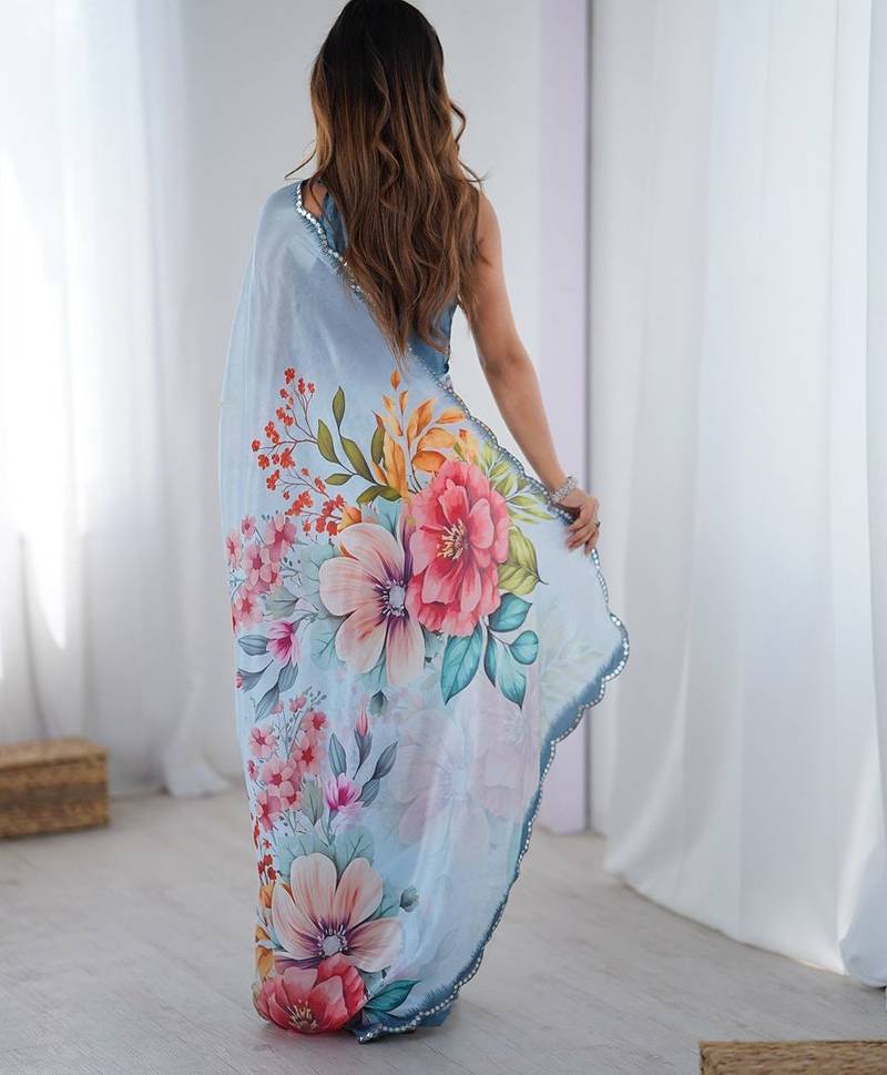 Blue women floral printed mirror work saree