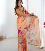 Orange floral printed mirror work saree