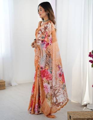 Orange floral printed mirror work saree 3