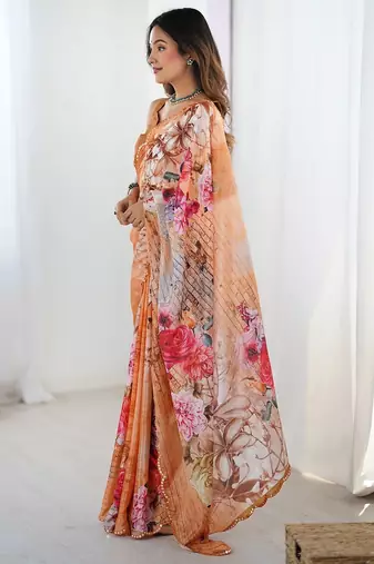 Orange floral printed mirror work saree