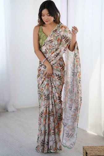Beige ethnic motifs printed mirror work saree