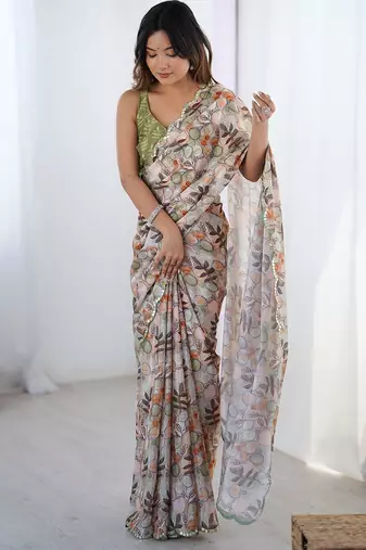 Beige ethnic motifs printed mirror work saree