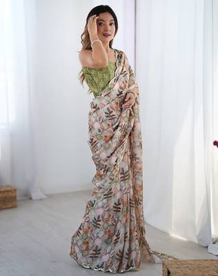 Beige ethnic motifs printed mirror work saree 2