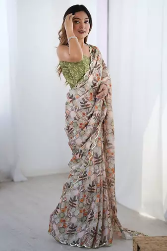 Beige ethnic motifs printed mirror work saree