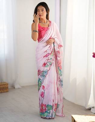 Pink floral printed embellished mirror work lace border saree with blouse piece 1