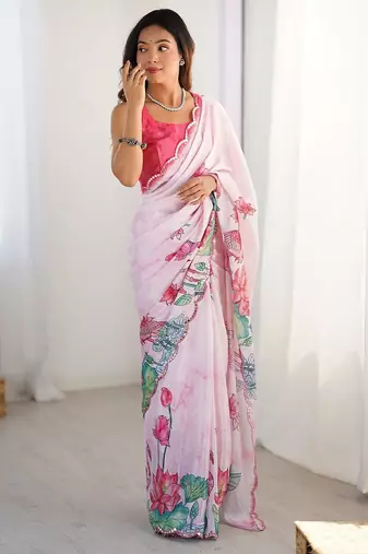 Pink floral printed embellished mirror work lace border saree with blouse piece