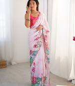 Pink floral printed embellished mirror work lace border saree with blouse piece