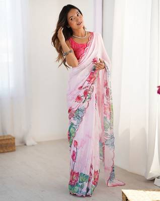 Pink floral printed embellished mirror work lace border saree with blouse piece 2