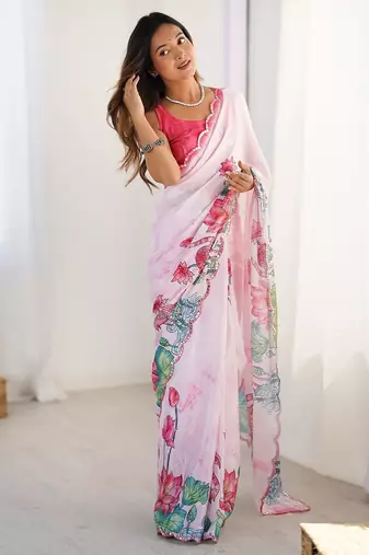 Pink floral printed embellished mirror work lace border saree with blouse piece